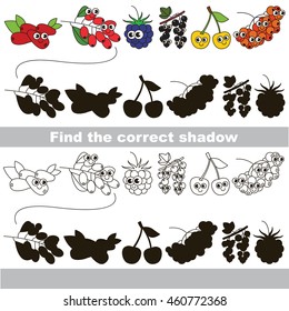 Set of cute berries. with shadows to find the correct one. Compare and connect objects and their true shadows. Easy educational kid gaming. Simple level of difficulty. Logic game for children.