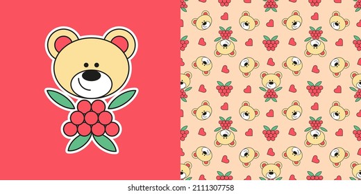 Juego con Cute berry Teddy oso Sticker sobre fondo rojo y patrón sin brillo sobre fondo rosado.Ilustración de dibujos animados para niños planos vectores para imprimibles, textiles, tejidos, papel tapiz