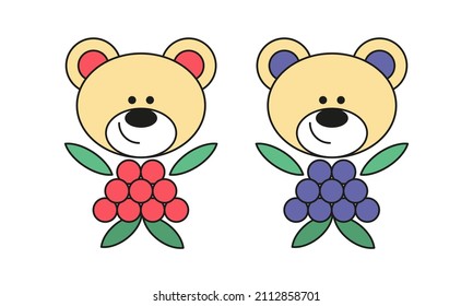 Juego con Cute berry Teddy con osos rojos y azules.Ilustración de dibujos animados para niños con vectores planos para imprimibles, pegatinas, huellas para niños, scrapbooking, otros.