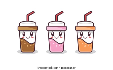 Set of cute beverage cup character cartoon illustration flat design