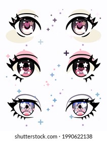 Set of cute big anime female eyes with sparkles and long eyelashes. Vector illustration.