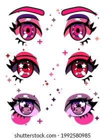 Set of cute big anime female eyes with sparkles and long eyelashes. Vector illustration.