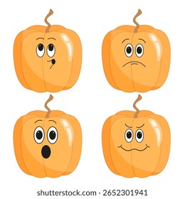 Conjunto de personagens de abóbora laranja grande bonito com emoções: assustado, astúcia, assobio, desapontado. Ilustração vetorial de desenhos animados para livros infantis, entretenimento, quadrinhos.