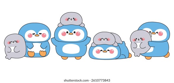 Set of cute big penguin and tiny seal stay together in various poses.Friendship.Love.Polar bird and mammal animal character cartoon.Kawaii.Vector.Illustration.