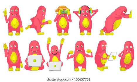 Set of cute big pink cheerful monsters using laptop, tablet computer, camera, headphones. Monster runing, poining finger up, showing muscles, drawing. Vector illustration isolated on white background.