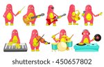 Set of cute big pink monsters conducting with baton, singing, playing guitar, saxophone, drum, synthesizer, violin, mixing music on turntables. Vector illustration isolated on white background.