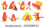 Set of cute big pink monsters showing driving scooter, praying, carrying box and white placard, lying in tent, crossing finish line, meditating. Vector cartoon illustration isolated on white