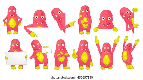 Set of cute big pink monsters posing with white blank placard. Monster standing with crossed arms, showing finger up, jumping, giving thumbs up. Vector illustration isolated on white background.