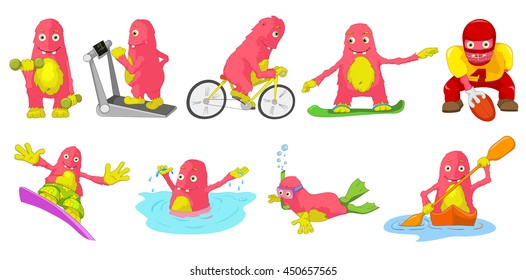 Set of cute big pink monsters engaged in various kinds of sports such as running on treadmill, bicycling, rugby, swimming, snorkeling, kayaking. Vector cartoon illustration isolated on white