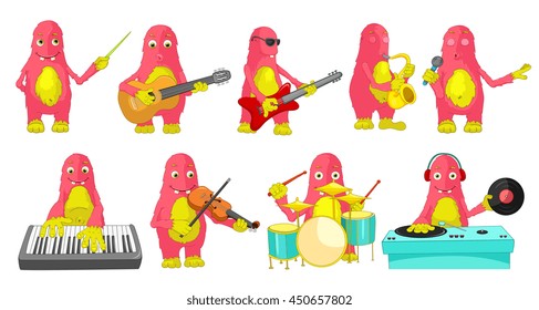 Set of cute big pink monsters conducting with baton, singing, playing guitar, saxophone, drum, synthesizer, violin, mixing music on turntables. Vector illustration isolated on white background.