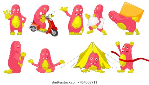 Set of cute big pink monsters showing driving scooter, praying, carrying box and white placard, lying in tent, crossing finish line, meditating. Vector cartoon illustration isolated on white