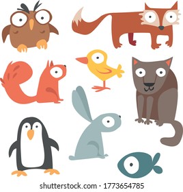 Set of cute big-eyed domestic and wild animals. Vector flat illustrations