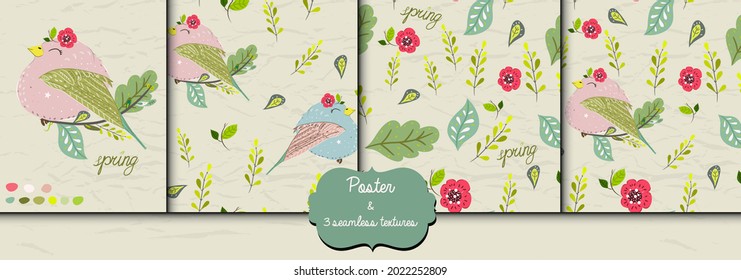 Set with cute bird and 3 seamless textures for design. Perfect for clothes textile and home decore. See more in my Cute collection.