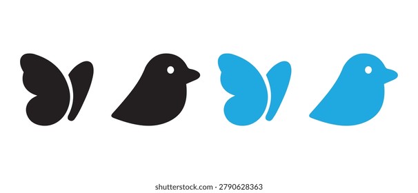 Set of cute bird and butterfly icons in black and blue colors.