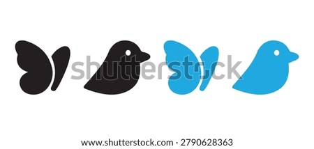 Set of cute bird and butterfly icons in black and blue colors.