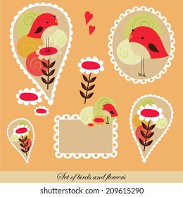 Set of cute bird and flower stickers