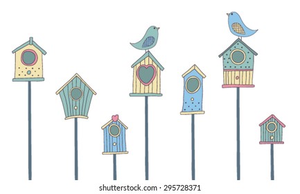 A set of cute bird houses and birds in a row