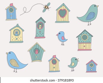 A set of cute bird houses and birds 
