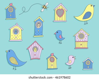 A set of cute bird houses and birds
