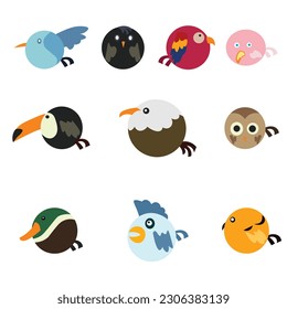 Set of cute bird icons There are many kinds of birds such as hawks, owls, parakeets, etc. Used for decorating, making patterns, walls, children's clothes.