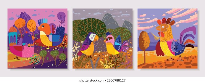 Set of cute bird on landscape background vector illustration. Cartoon childish style.