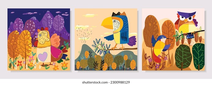 Set of cute bird on landscape background vector illustration. Cartoon childish style.