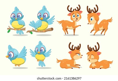 Set of cute bird and reindeer in various emotion and action poses, mascot animal with cartoon style, character mammal adorable element for graphic designer, Vector illustration