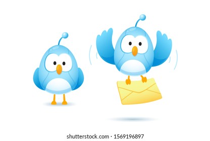 Set of cute bird robot character in flying pose, kawaii mascot vector for illustration