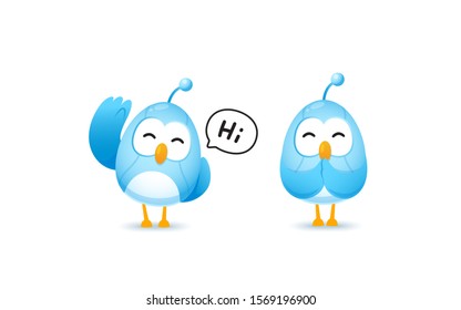 Set of cute bird robot character in greeting and pay resperct pose, kawaii mascot vector for illustration