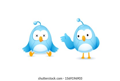 Set of cute bird robot character in error and present pose, kawaii mascot vector for illustration
