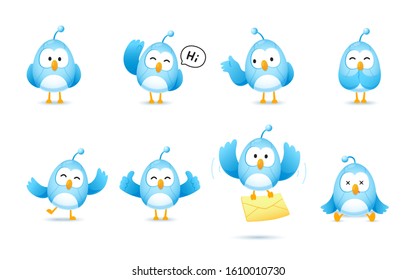 Set Of Cute Bird Robot Character In Many Pose, Kawaii Mascot Vector For Illustration