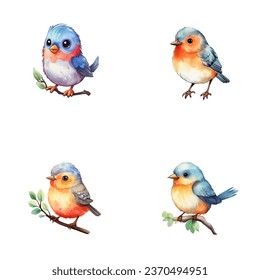 set of cute bird watercolor illustrations for printing on baby clothes, sticker, postcards, baby showers, games and books, safari jungle animals vector