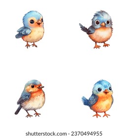 set of cute bird watercolor illustrations for printing on baby clothes, sticker, postcards, baby showers, games and books, safari jungle animals vector