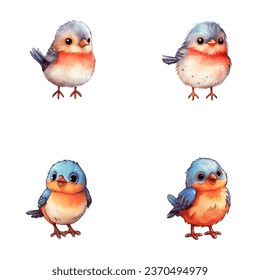 set of cute bird watercolor illustrations for printing on baby clothes, sticker, postcards, baby showers, games and books, safari jungle animals vector