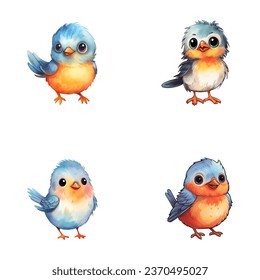 set of cute bird watercolor illustrations for printing on baby clothes, sticker, postcards, baby showers, games and books, safari jungle animals vector