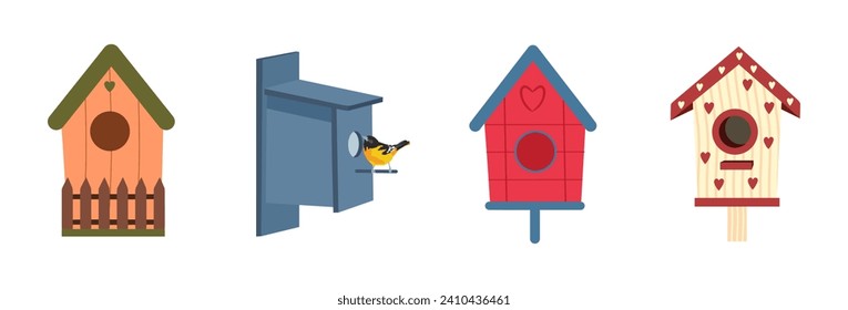 Set süße Vogelhäuser. Kollektion von Holzhaus für Vogel Frühling oder Herbst Umgebung mit Zaun, Dach, Loch. Handgefertigte verschiedene Vogelhaus einzeln. Naturschutz. Flache Vektorgrafik