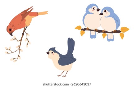 Set of cute birds. Bird on a branch with spring buds. Colorful and cheerful vector illustrations are perfect for children's books, prints, stickers and seasonal designs.