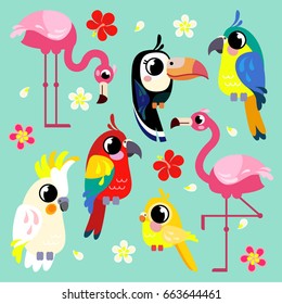 Set of cute birds. Bright exotic tropical birds