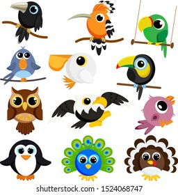 Set of cute birds. Cartoon characters. Flat vector stock illustration on white background