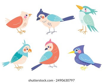 Set of cute birds in cartoon style. Vector illustration of various birds decorated with patterns, with manes, body, belly, wings, beak, tail isolated on white background. Birds in pastel shades.