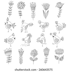Set of cute birds in different actions with flowers.