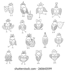 Set of cute birds in different actions.