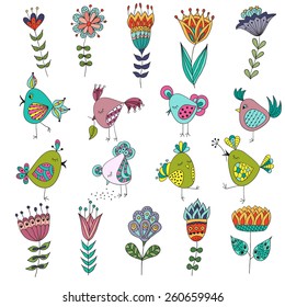 Set of cute birds in different actions with flowers.