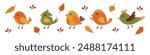 Set of cute birds of different colors. Autumn birds. Vector illustration of birds for cards, posters, banners. Birds isolated on white background with colorful leaves, eps 10