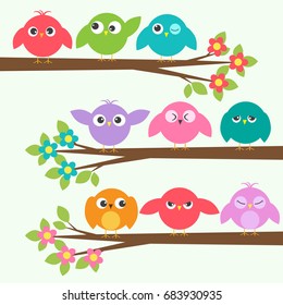 Set of cute birds with different emotions on blooming branch trees. Vector collection colorful birds