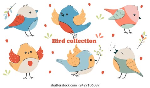 A set of cute birds in different poses isolated on a white background. Vector illustration in a cute cartoon style, eps10