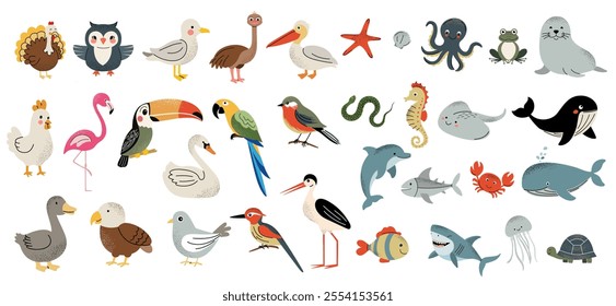 Set of cute birds and fishes. Water inhabitants. Tropical and domestic birds. Cartoon animal characters. 