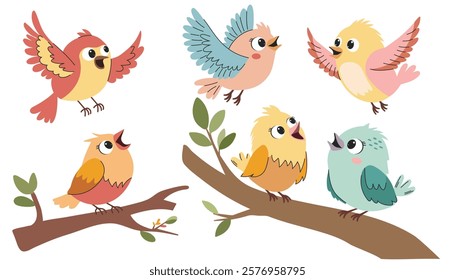 Set of cute birds. A set of flat vector illustrations in children's style. Cute birds sitting and flying 