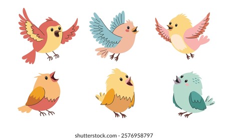 Set of cute birds. A set of flat vector illustrations in children's style. Cute birds sitting and flying 