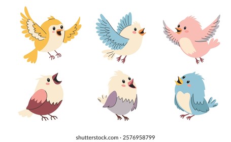 Set of cute birds. A set of flat vector illustrations in children's style. Cute birds sitting and flying 